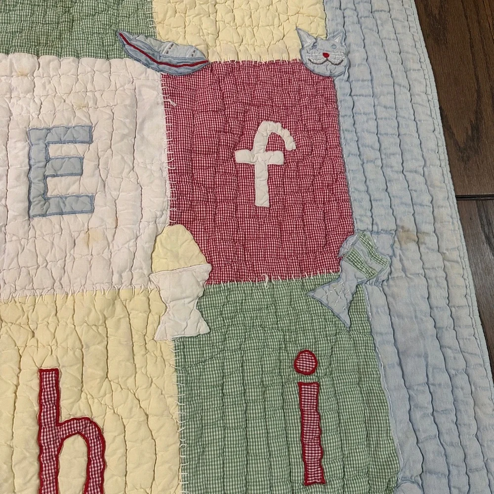 Vintage Pottery Barn Kids Alphabet Crib Quilt ABC Gingham Patchwork 36x50”